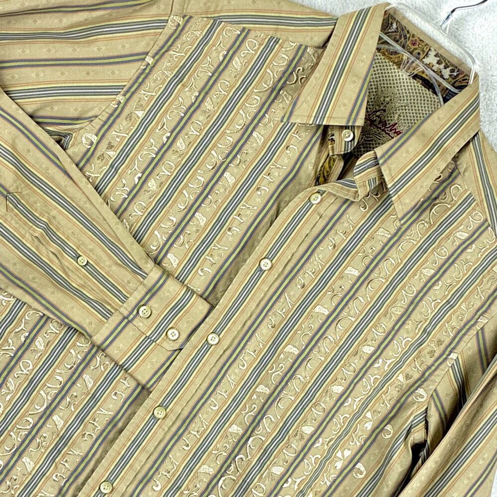 Robert Graham Shirt Mens M Beige Stripe Embroidered Y2K Clubwear Retro